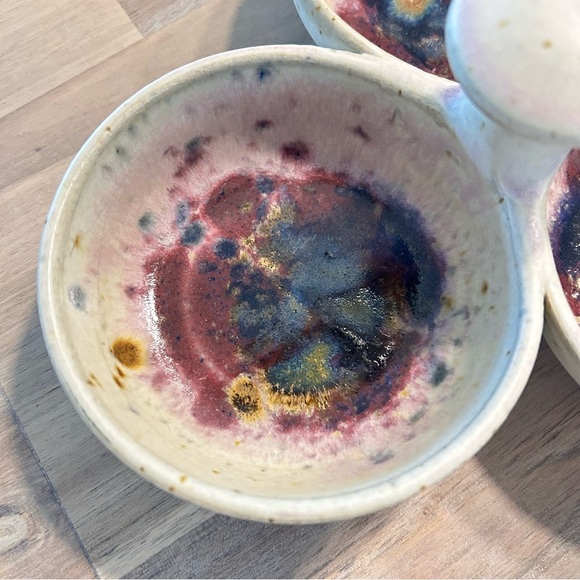 Handmade Studio Pottery Triple Bowl Dish – Abstract Glaze, Unique Serveware - Picture 8 of 12